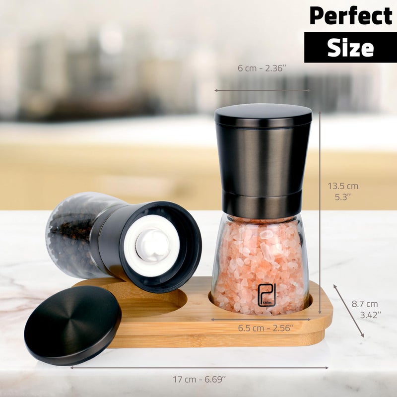 PJCKitchen Premium Black Stainless Steel Salt and Pepper Grinder Set With Stand in Bamboo Wood - Gunmetal Salt and Pepper Shakers with Adjustable Coarseness - Bronze Pepper Mill and Salt Grinders Shaker set - Image 2